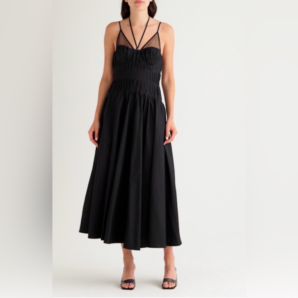 Moon River Halter Neck Smocked Bodice Stretch Cotton Midi Dress  L